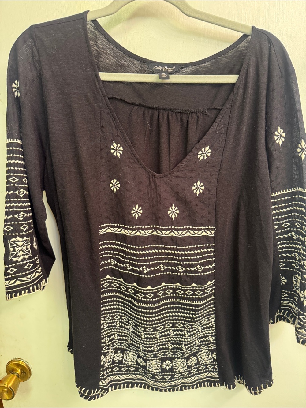 Lucky Brand Black V-Neck Tunic with White Embroidered Motifs